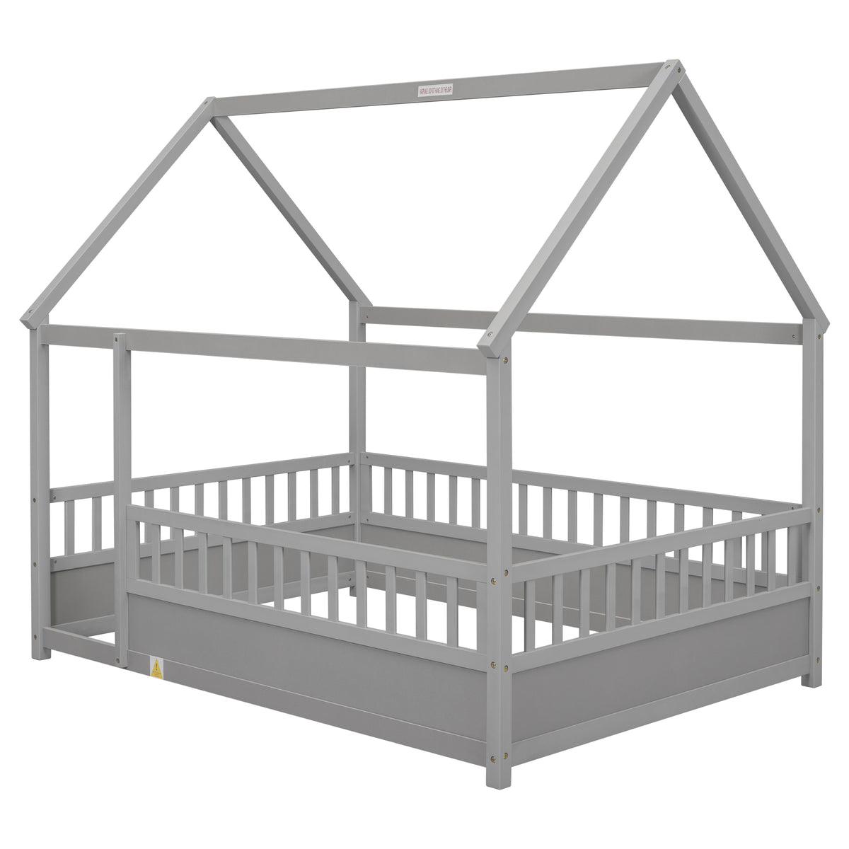 Full Size Floor Wooden Bed with House Roof Frame, Fence Guardrails,Grey W1858123988-djyc