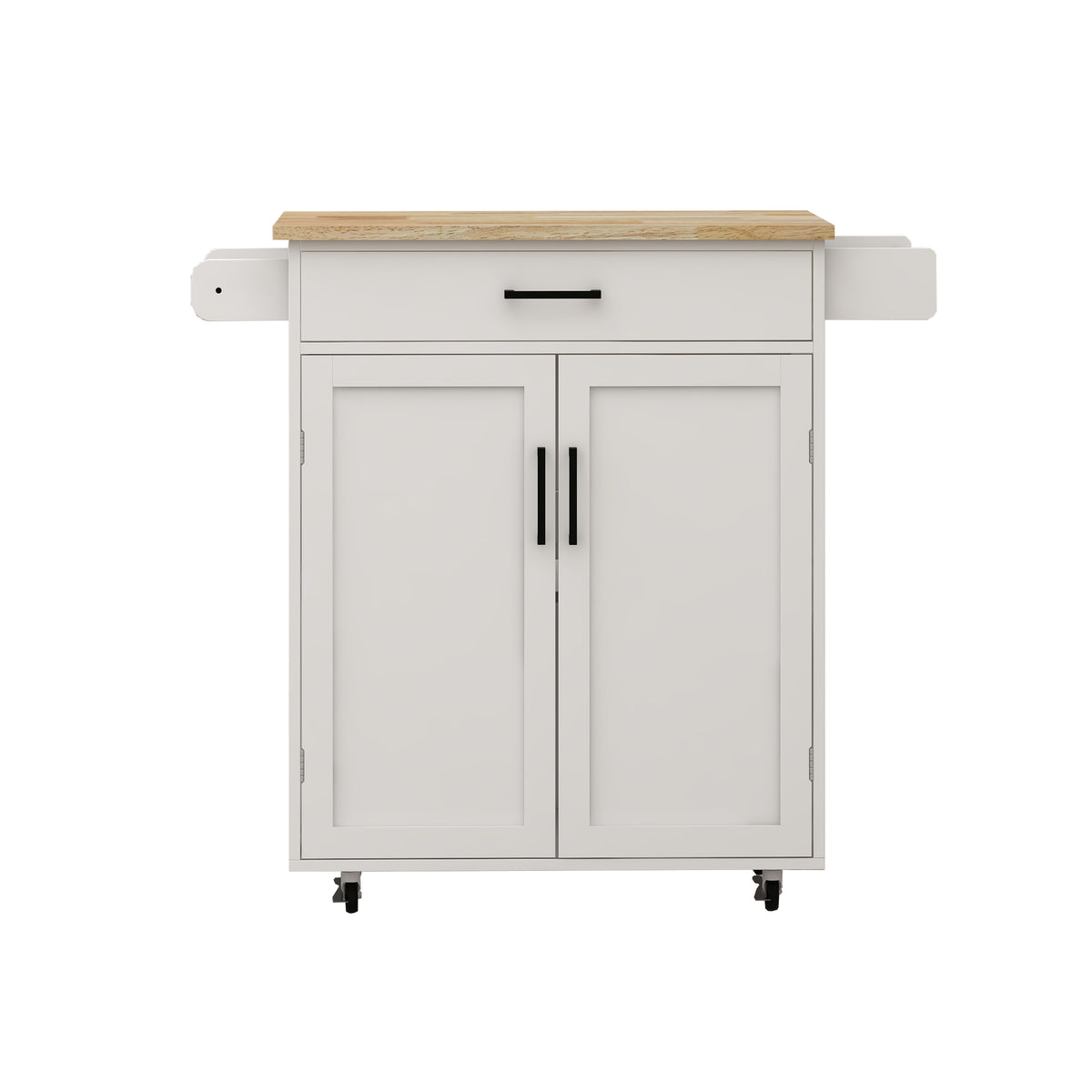 Kitchen island rolling trolley cart with 1 drawer & 2 doors with storage racks & Adjustable Shelves & towel rack & seasoning rack rubber wood table top-White W282P163314-djyc