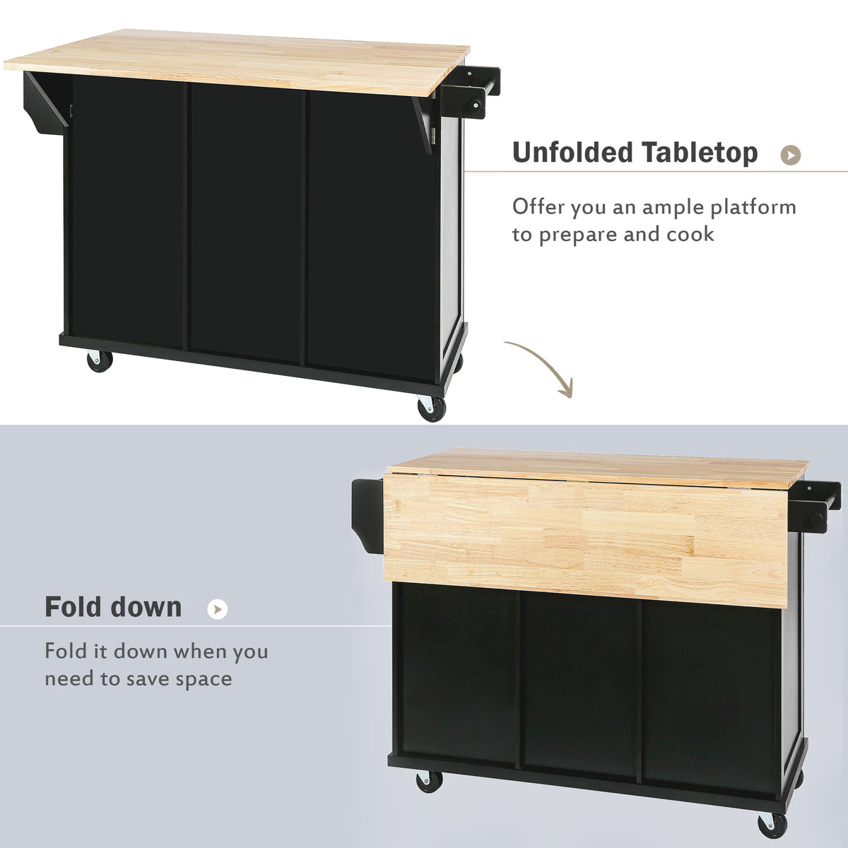 Kitchen Cart with Rubber wood Drop-Leaf Countertop ,Cabinet door internal storage racks,Kitchen Island on 5 Wheels with Storage Cabinet and 3 Drawers for Dinning Room, Black WF298028AAB-djyc