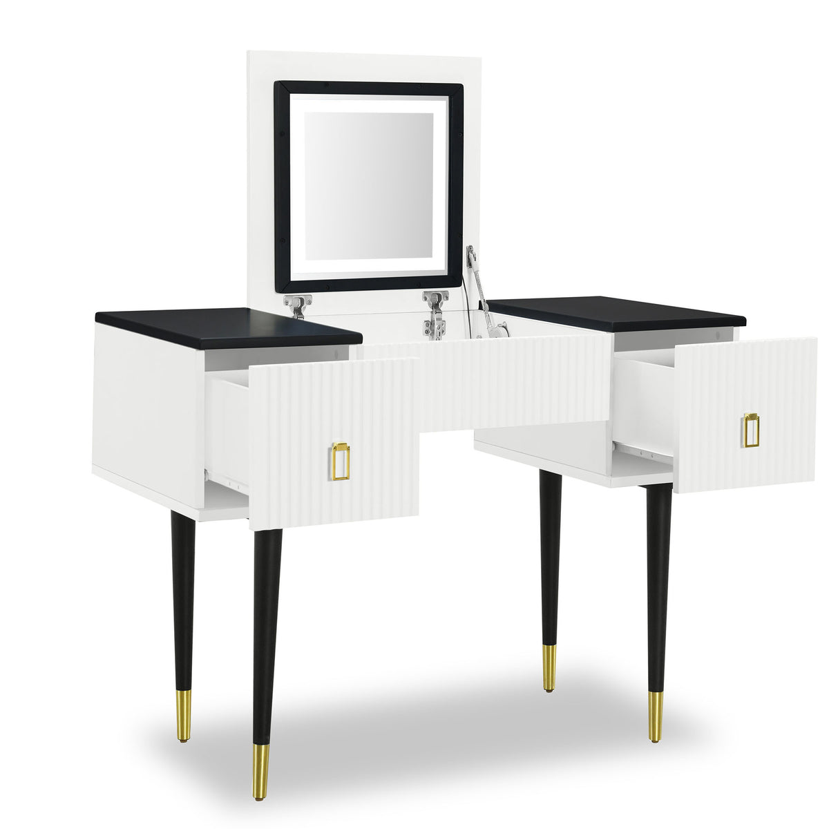 43.3" Modern Vanity Table Set with Flip-top Mirror and LED Light, Dressing Table with Customizable Storage, White and Black WF305842AAA-djyc