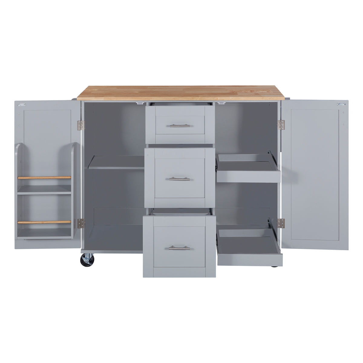 K&K Rolling Kitchen Island with Storage, Kitchen Cart with Rubber Wood Top, 3 Drawer, 2 Slide-Out Shelf and Internal Storage Rack, Kitchen Island on Wheels with Spice Rack & Tower Rack, Grey Blue WF316599AAG-djyc