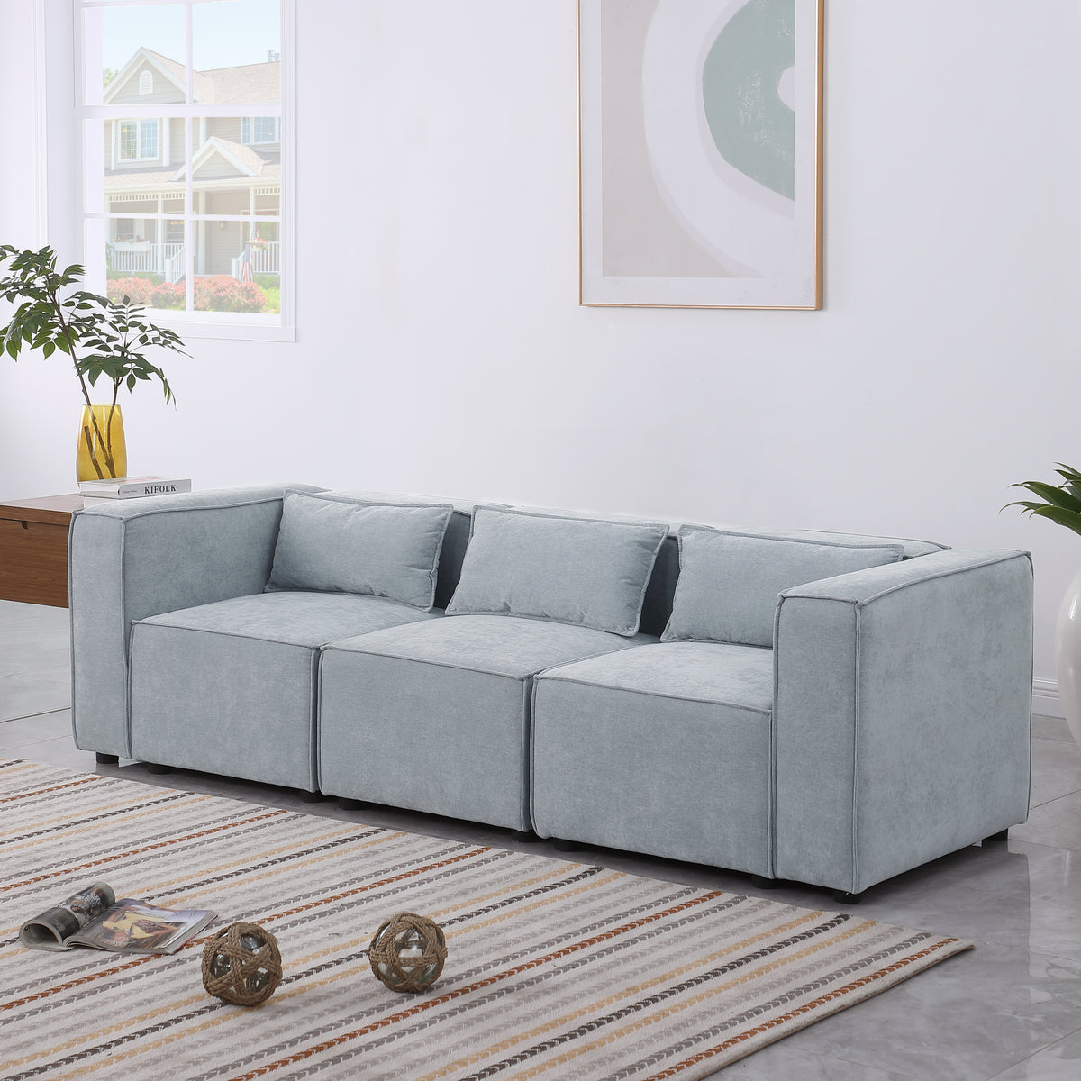 modular sofa Grayish bluechenille fabric,simple and grand, the seat and back is very soft. this is also a KNOCK DOWN sofa W1099S00113-djyc