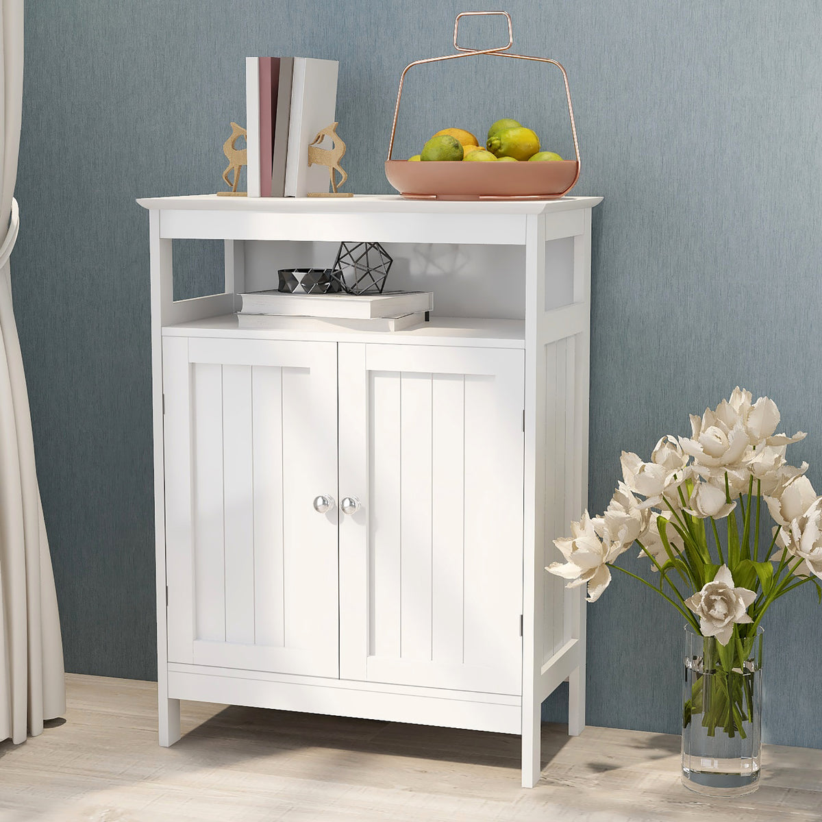 Bathroom standing storage with double shutter doors cabinet-White W28215278-djyc