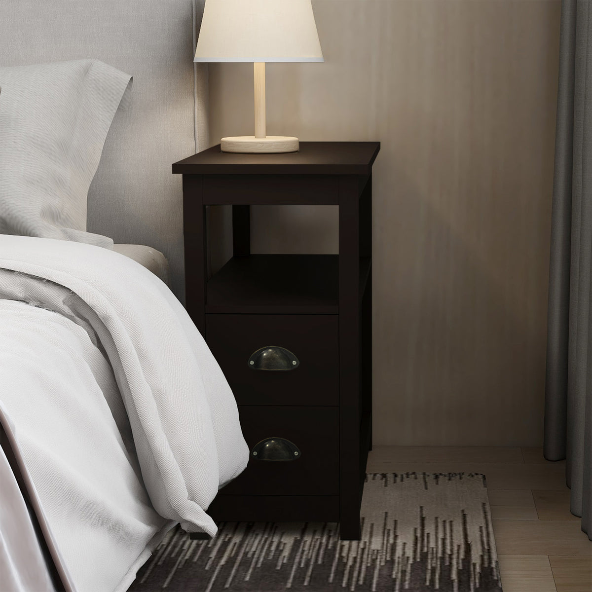 End Table Narrow Nightstand With Two Drawers And Open Shelf-Brown W28206526-djyc