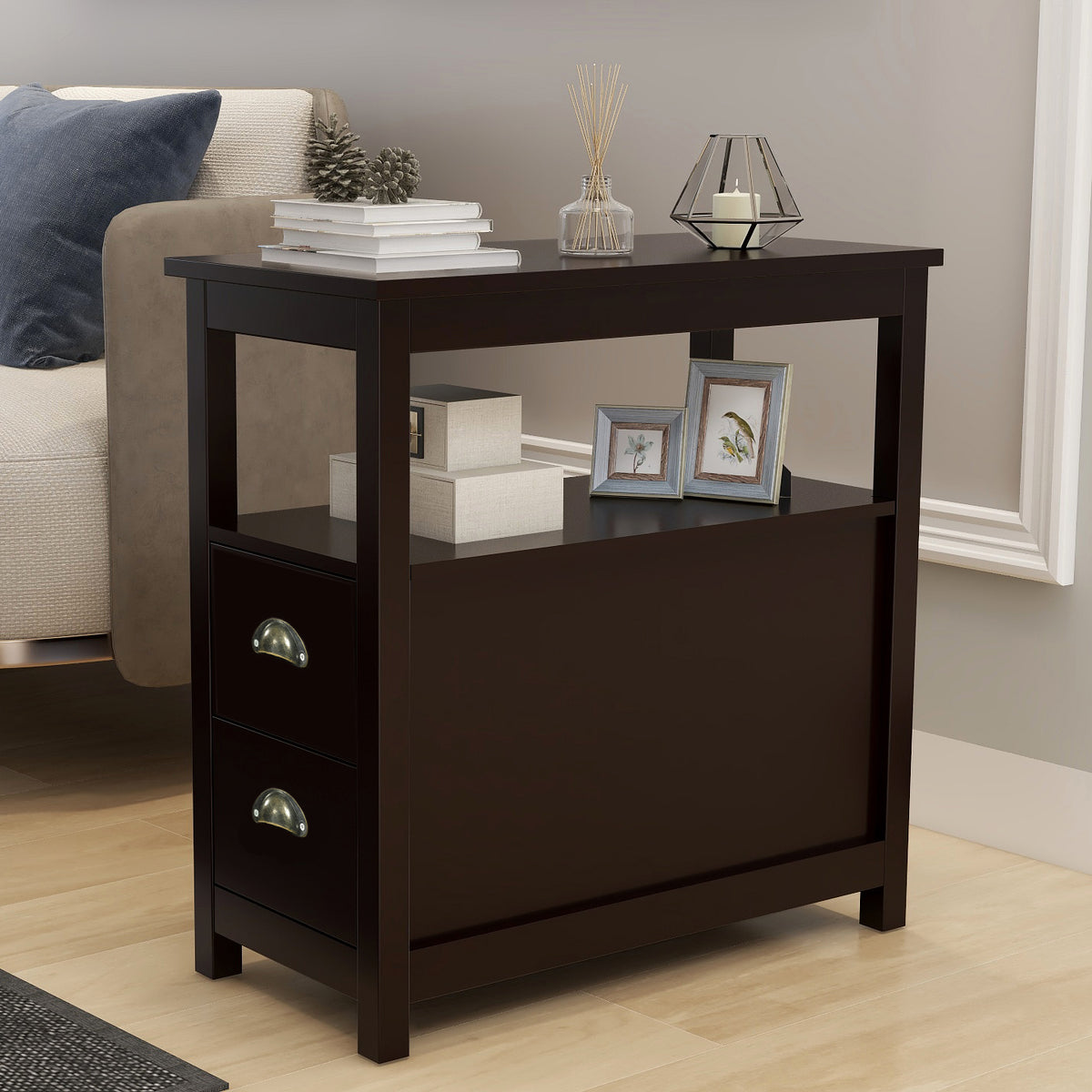 End Table Narrow Nightstand With Two Drawers And Open Shelf-Brown W28206526-djyc