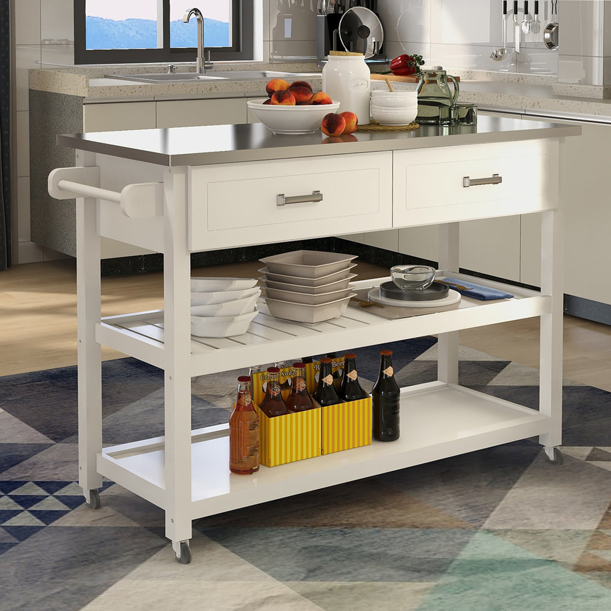 Stainless Steel Table Top White Kicthen Cart With Two Drawers W28218593-djyc