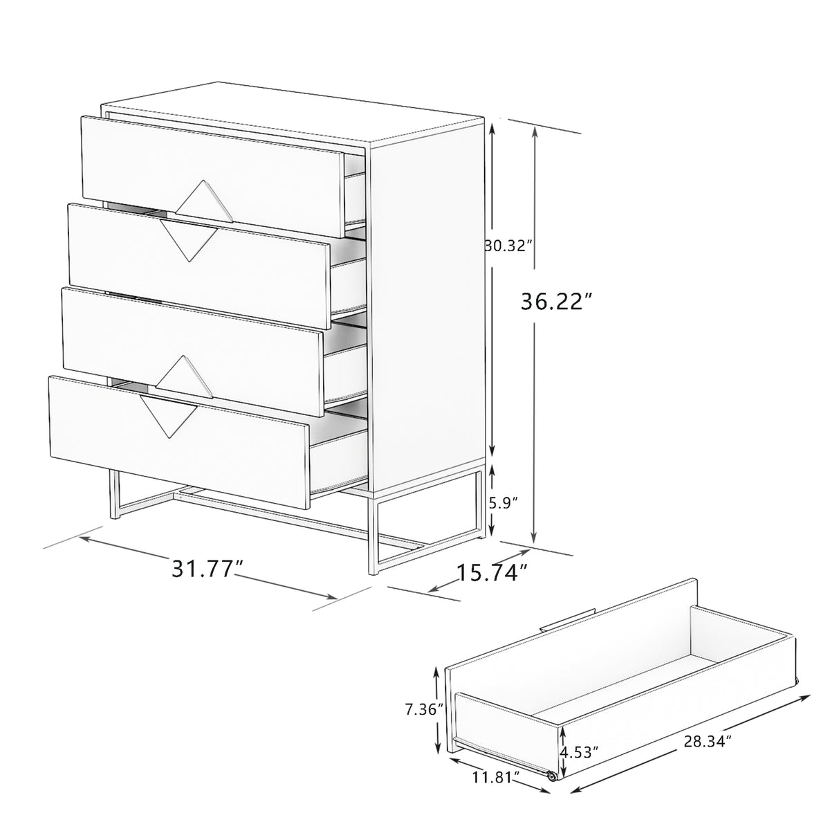 Solid wood special shape square handle design with 4 drawers bedroom furniture dressers W28233441-djyc