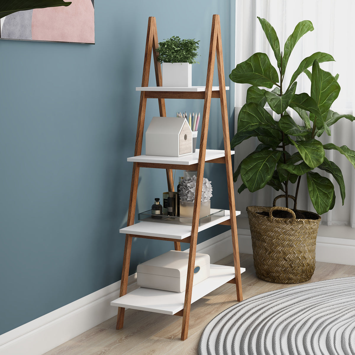 Solid bamboo wood oxford "A" frame ladder display bookshelf W28222283-djyc