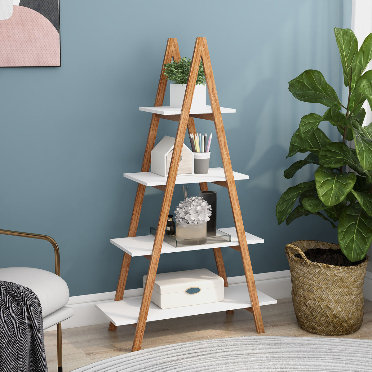 Solid bamboo wood oxford "A" frame ladder display bookshelf W28222283-djyc