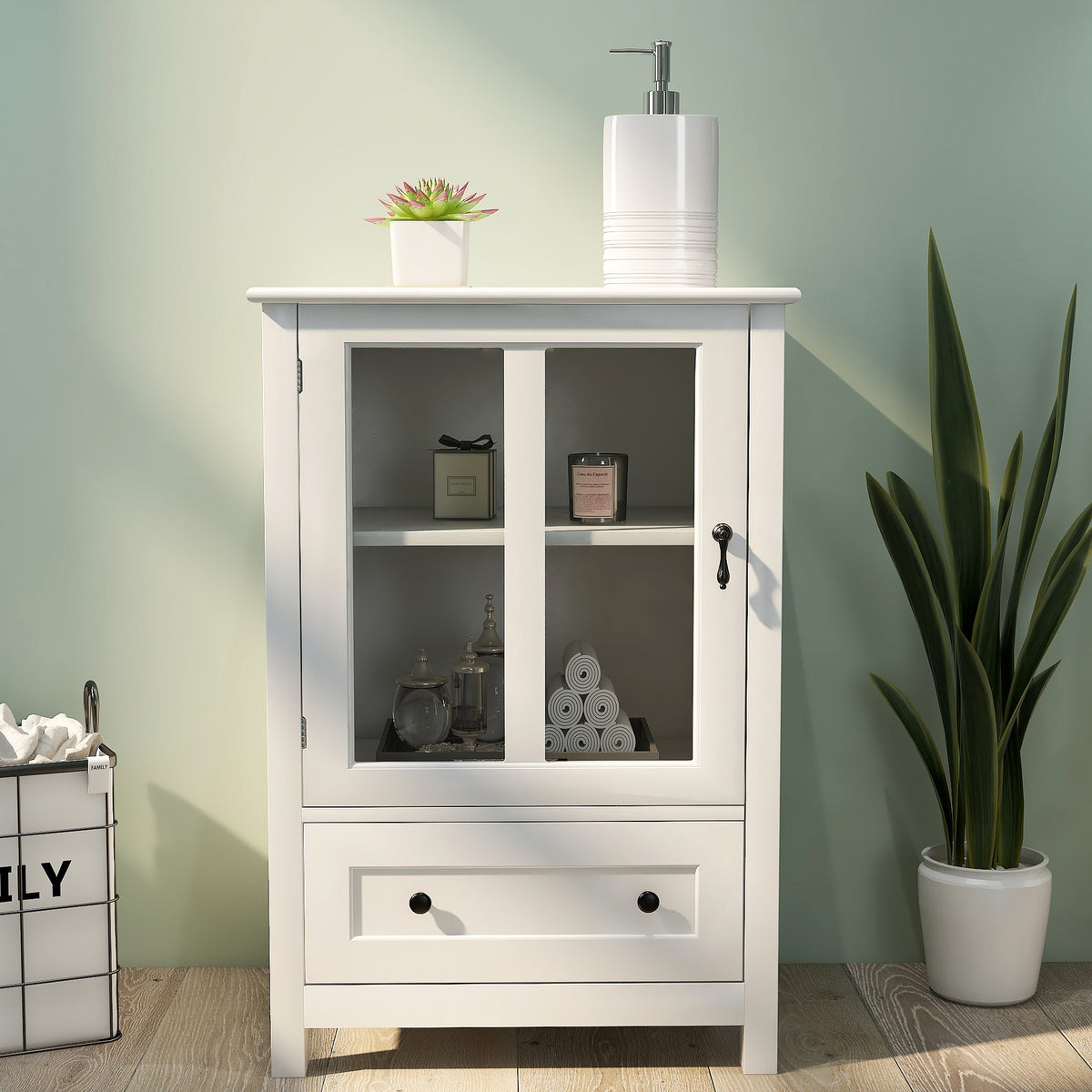 Buffet storage cabinet with single glass doors and unique bell handle W28227727-djyc