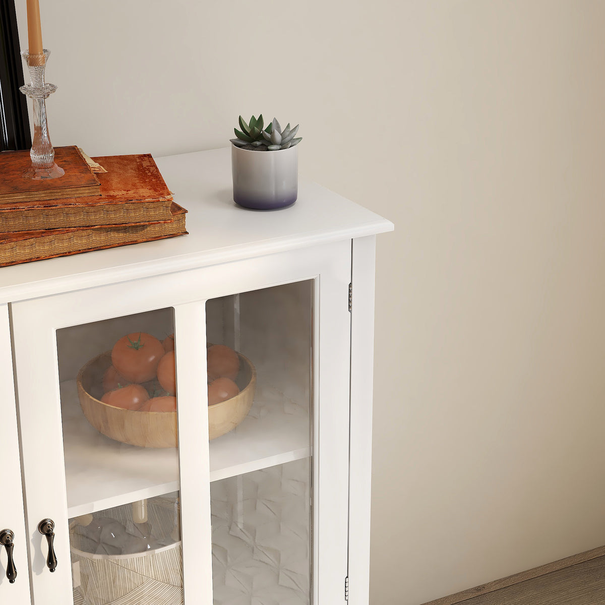 Buffet storage cabinet with double glass doors and unique bell handle W28227723-djyc