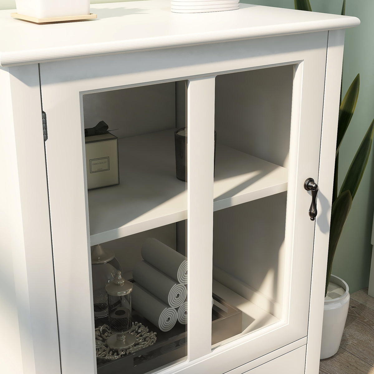 Buffet storage cabinet with single glass doors and unique bell handle W28227727-djyc