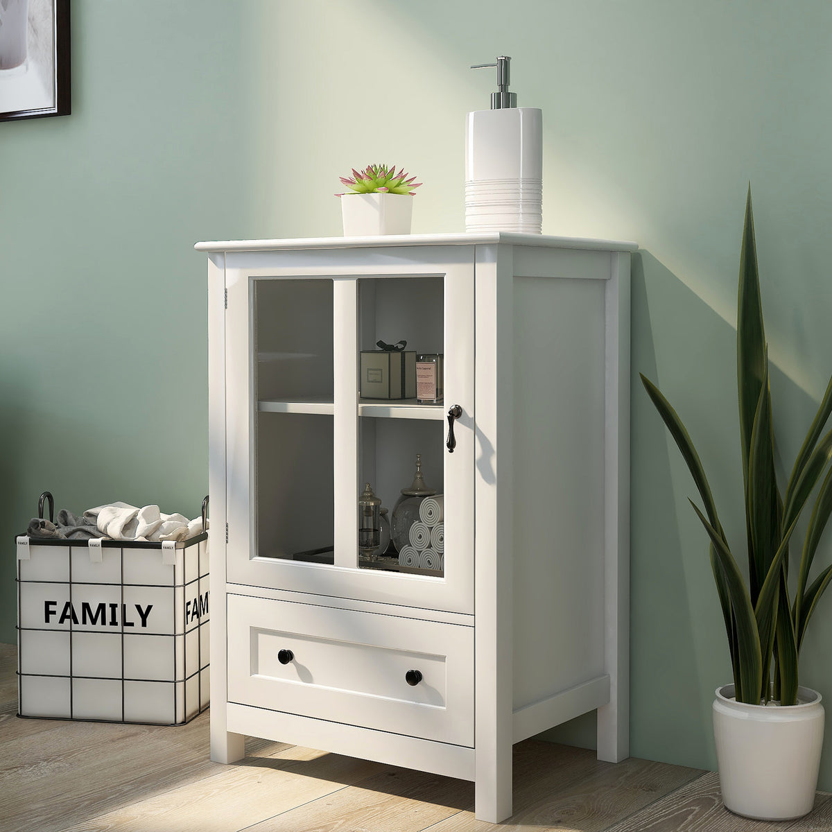 Buffet storage cabinet with single glass doors and unique bell handle W28227727-djyc