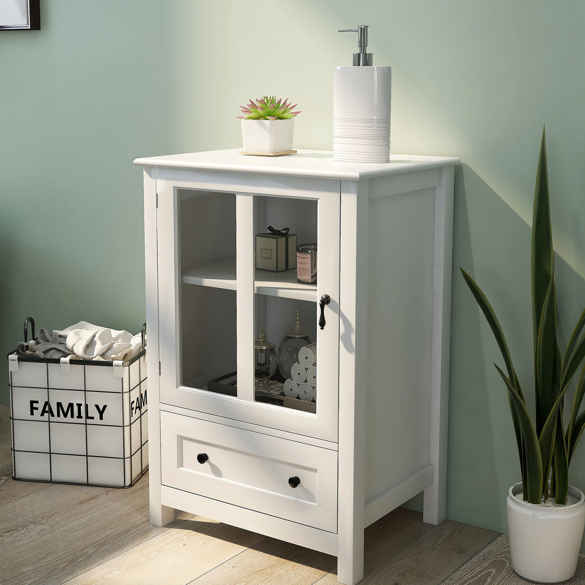 Buffet storage cabinet with single glass doors and unique bell handle W28227727-djyc