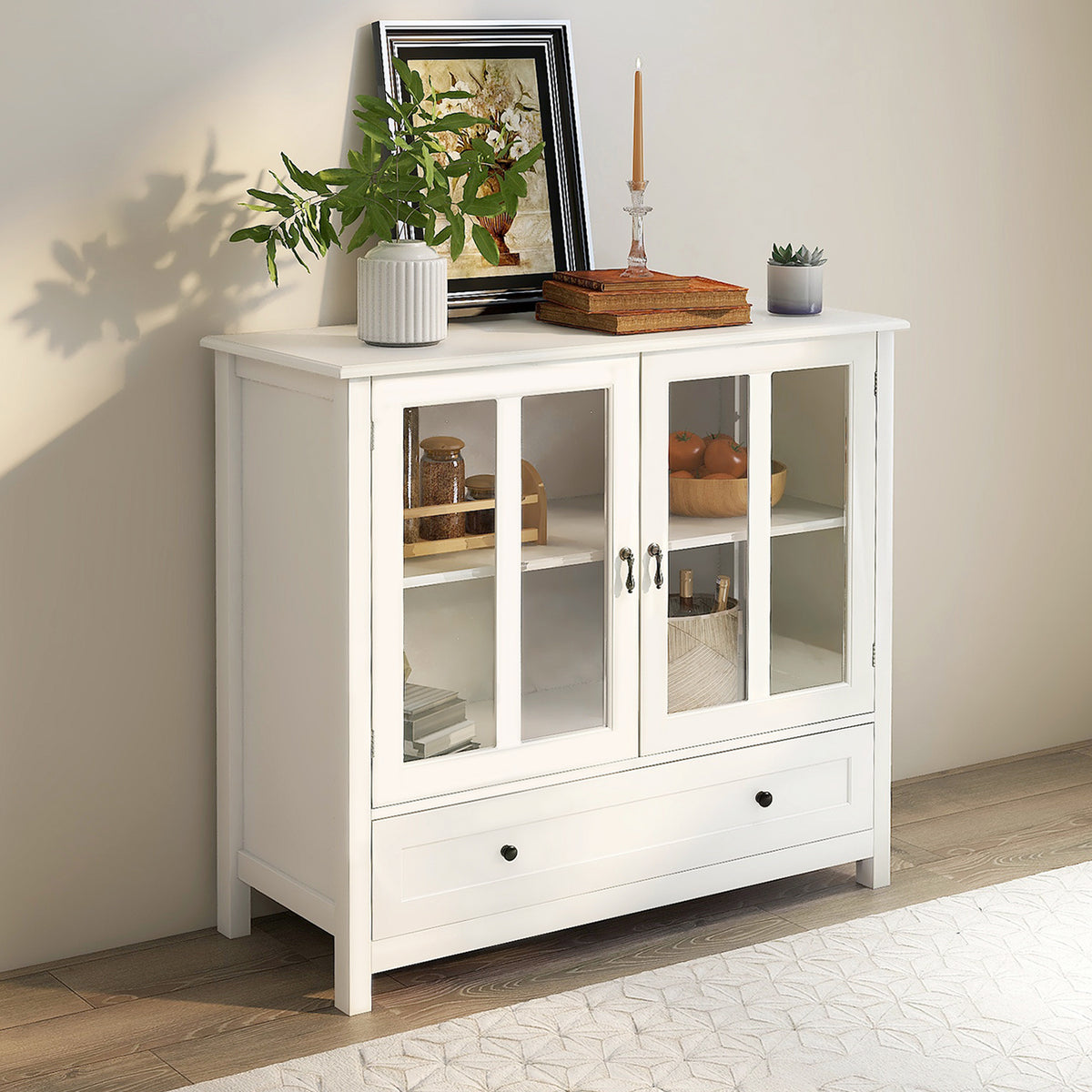 Buffet storage cabinet with double glass doors and unique bell handle W28227723-djyc