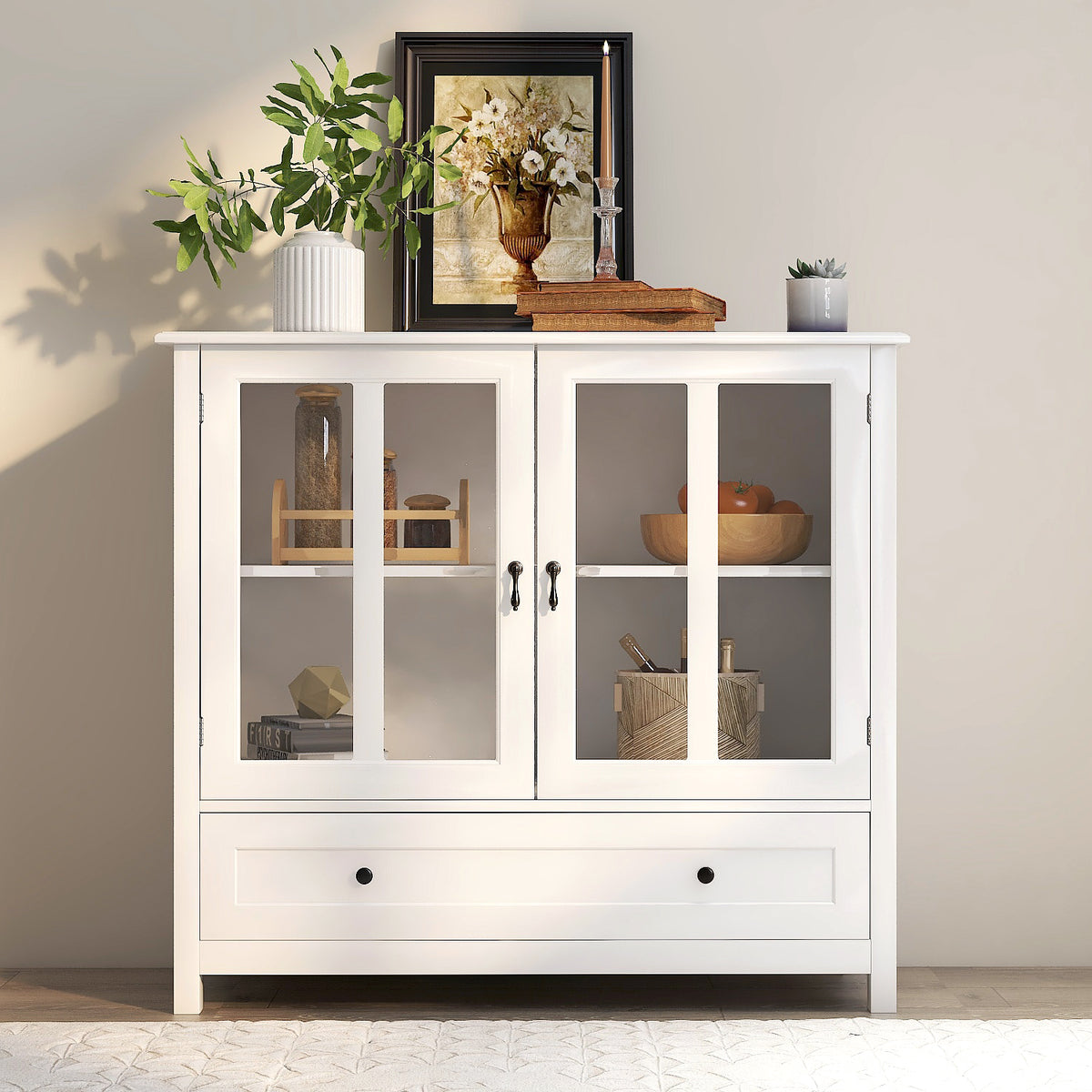 Buffet storage cabinet with double glass doors and unique bell handle W28227723-djyc