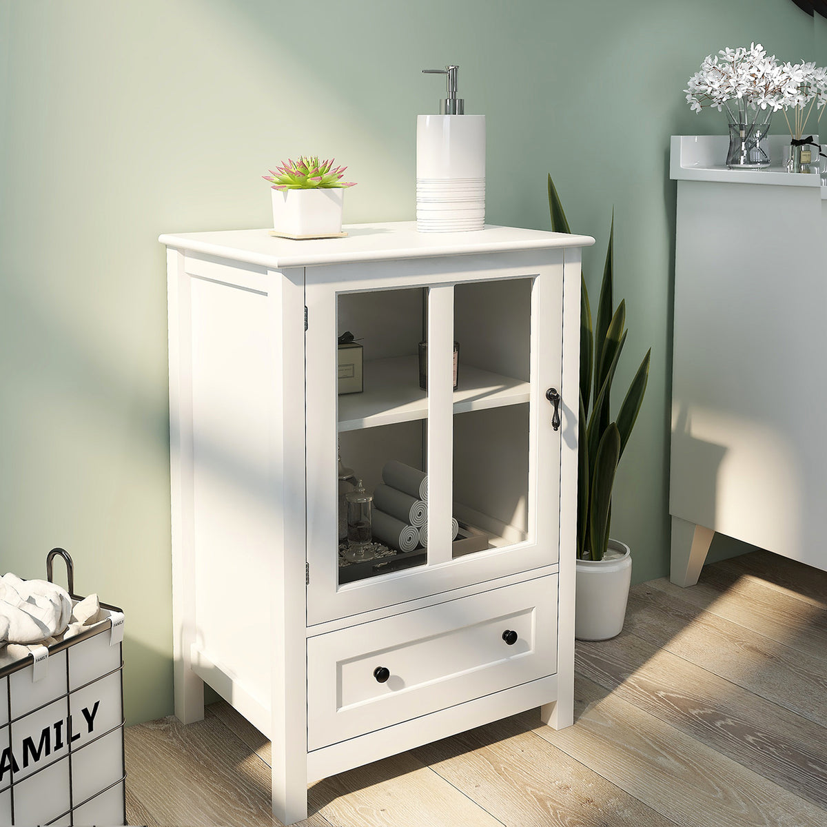 Buffet storage cabinet with single glass doors and unique bell handle W28227727-djyc