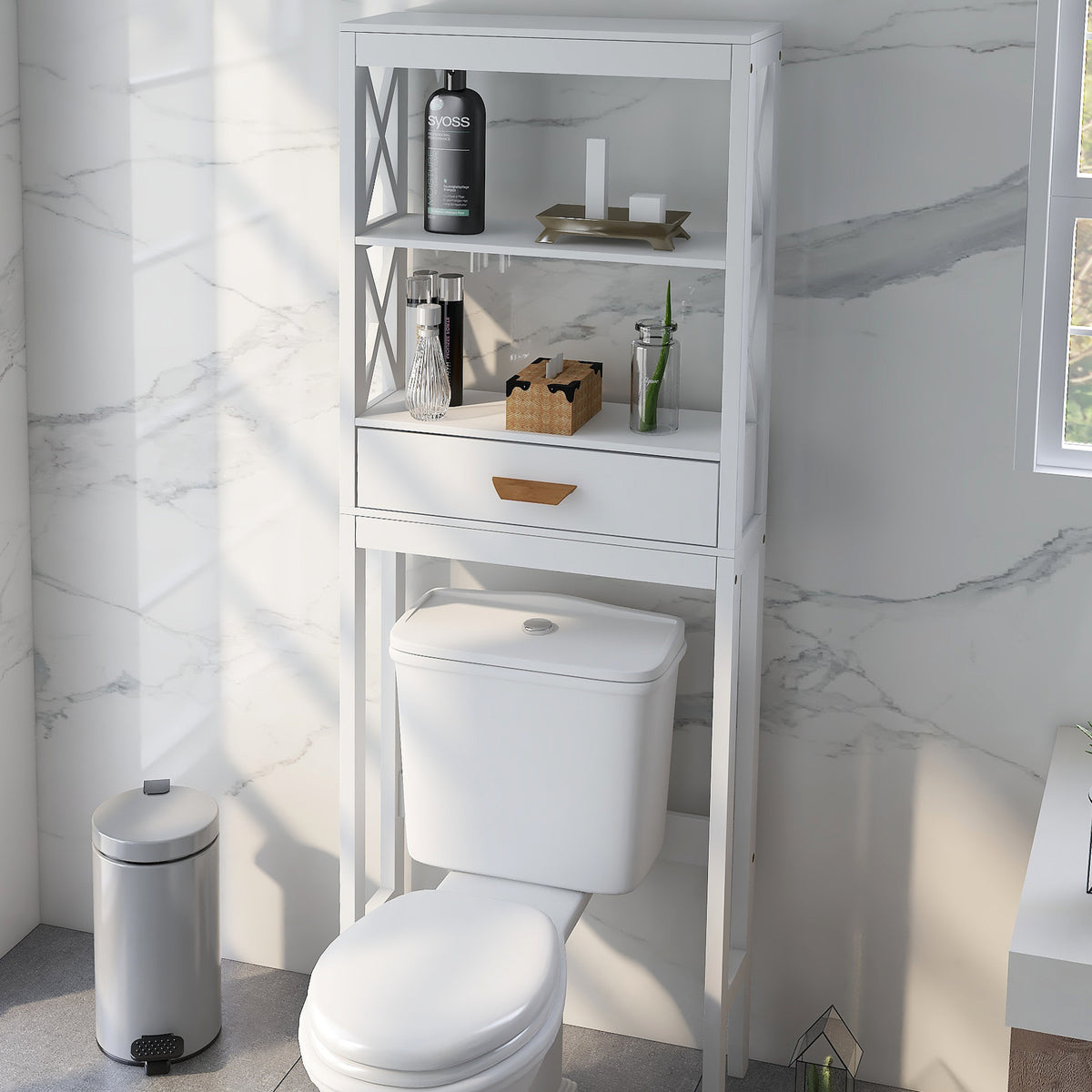 Over-the-Toilet Storage Cabinet White with one Drawer and 2 Shelves Space Saver Bathroom Rack W28227728-djyc