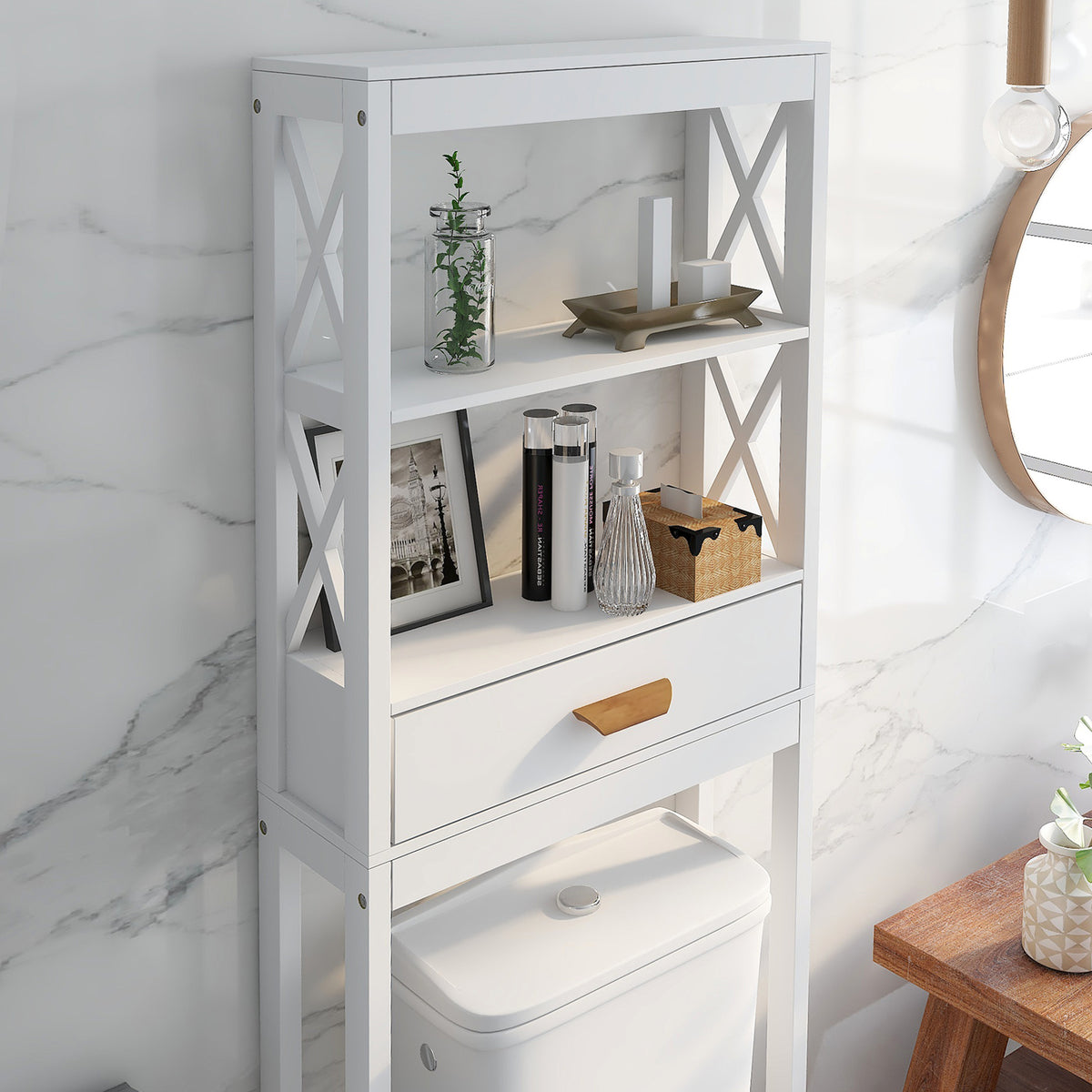 Over-the-Toilet Storage Cabinet White with one Drawer and 2 Shelves Space Saver Bathroom Rack W28227728-djyc