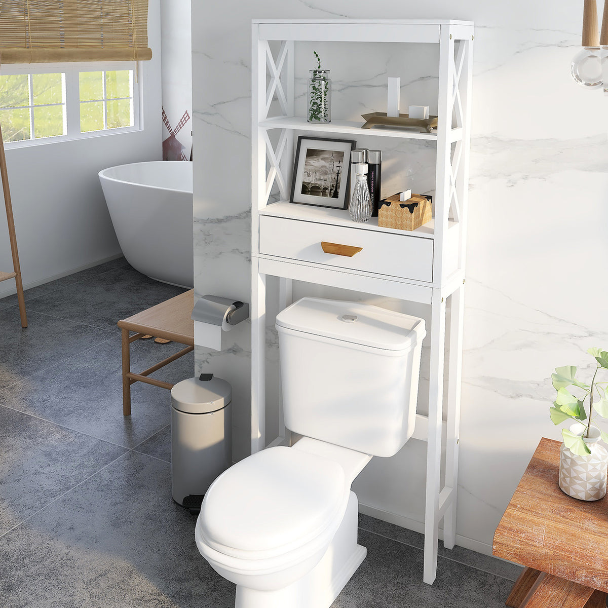 Over-the-Toilet Storage Cabinet White with one Drawer and 2 Shelves Space Saver Bathroom Rack W28227728-djyc