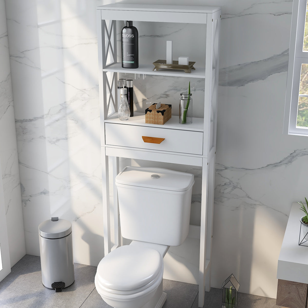 Over-the-Toilet Storage Cabinet White with one Drawer and 2 Shelves Space Saver Bathroom Rack W28227728-djyc
