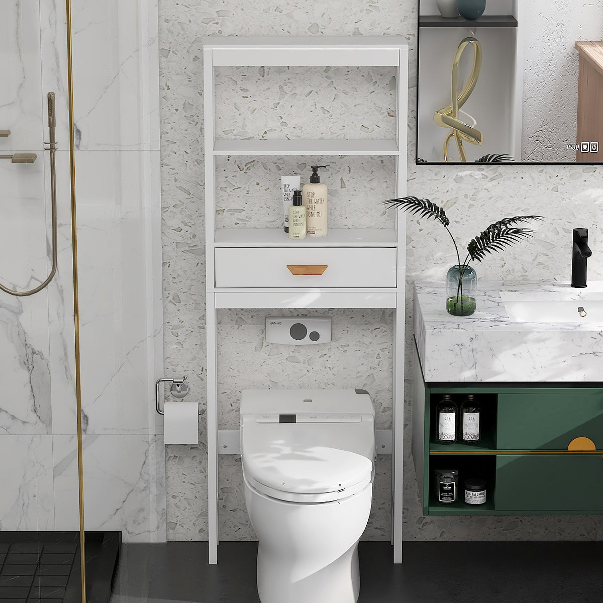 Over-the-Toilet Storage Cabinet White with one Drawer and 2 Shelves Space Saver Bathroom Rack W28227728-djyc