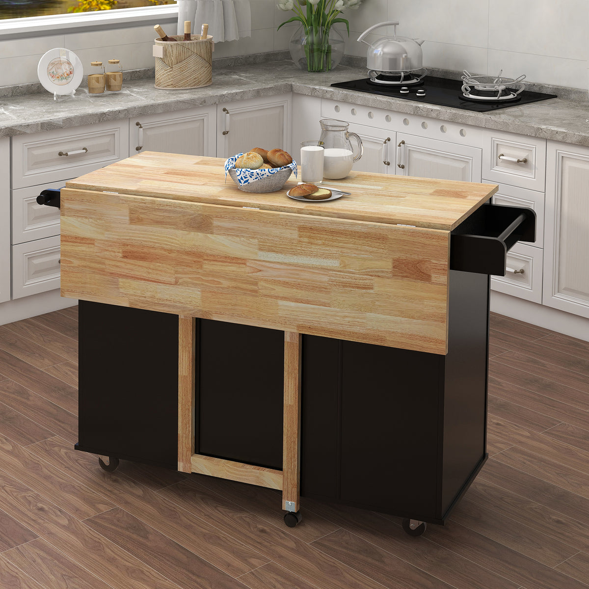 Kitchen Island with Spice Rack, Towel Rack and Extensible Solid Wood Table Top-Black W282S00030-djyc