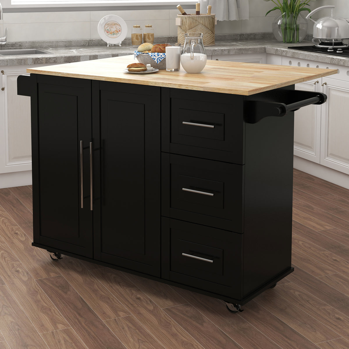 Kitchen Island with Spice Rack, Towel Rack and Extensible Solid Wood Table Top-Black W282S00030-djyc