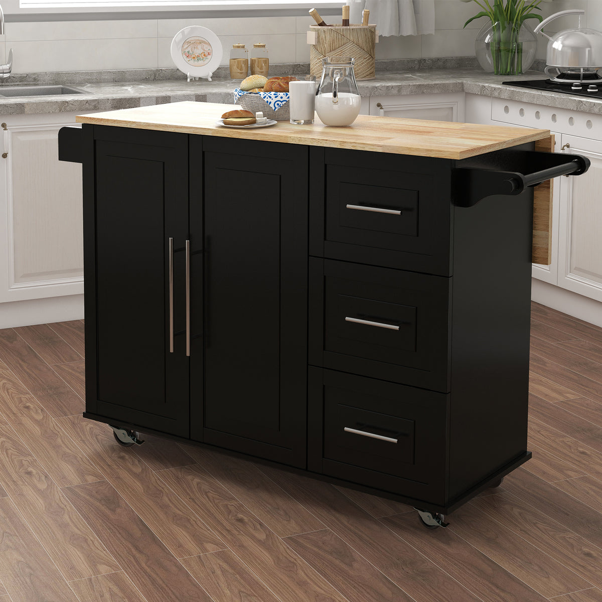 Kitchen Island with Spice Rack, Towel Rack and Extensible Solid Wood Table Top-Black W282S00030-djyc