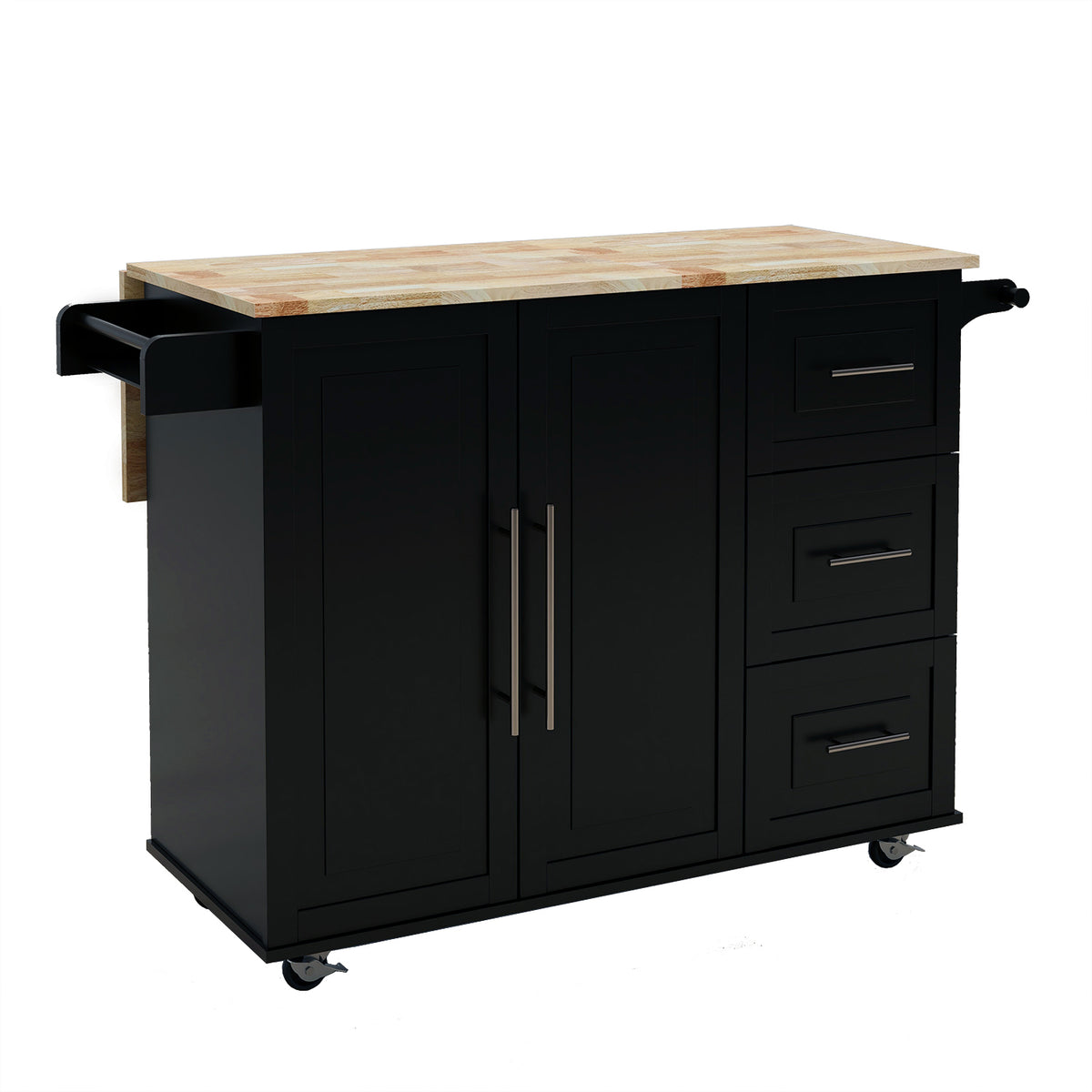 Kitchen Island with Spice Rack, Towel Rack and Extensible Solid Wood Table Top-Black W282S00030-djyc