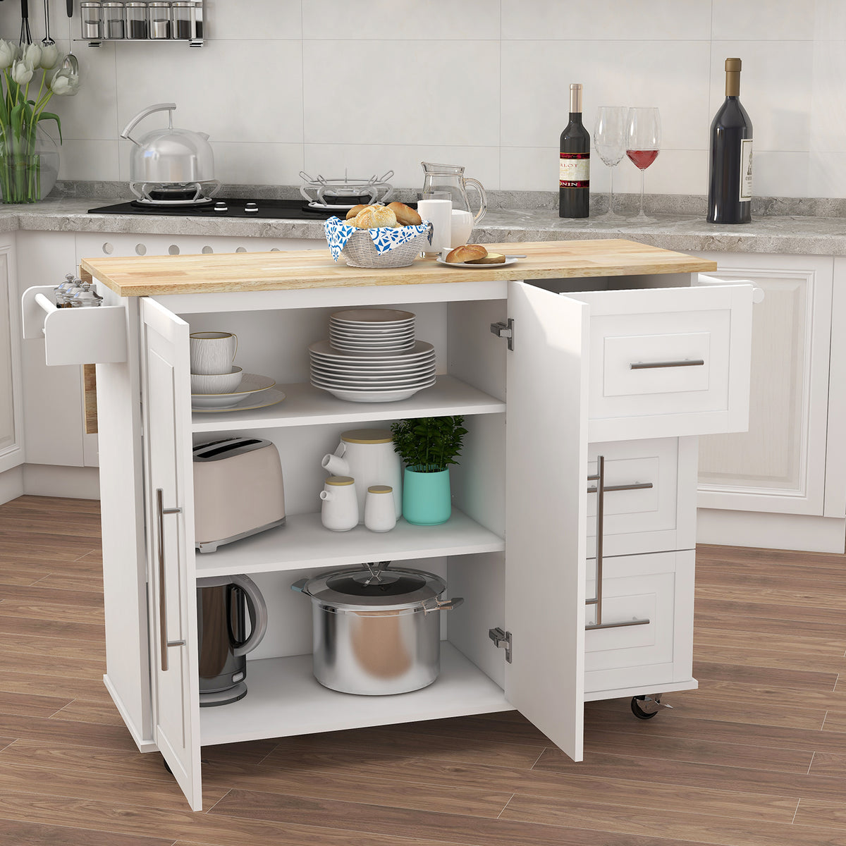 Kitchen Island with Spice Rack, Towel Rack and Extensible Solid Wood Table Top-White W282S00031-djyc