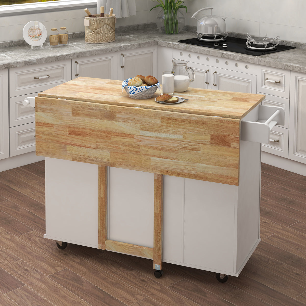 Kitchen Island with Spice Rack, Towel Rack and Extensible Solid Wood Table Top-White W282S00031-djyc