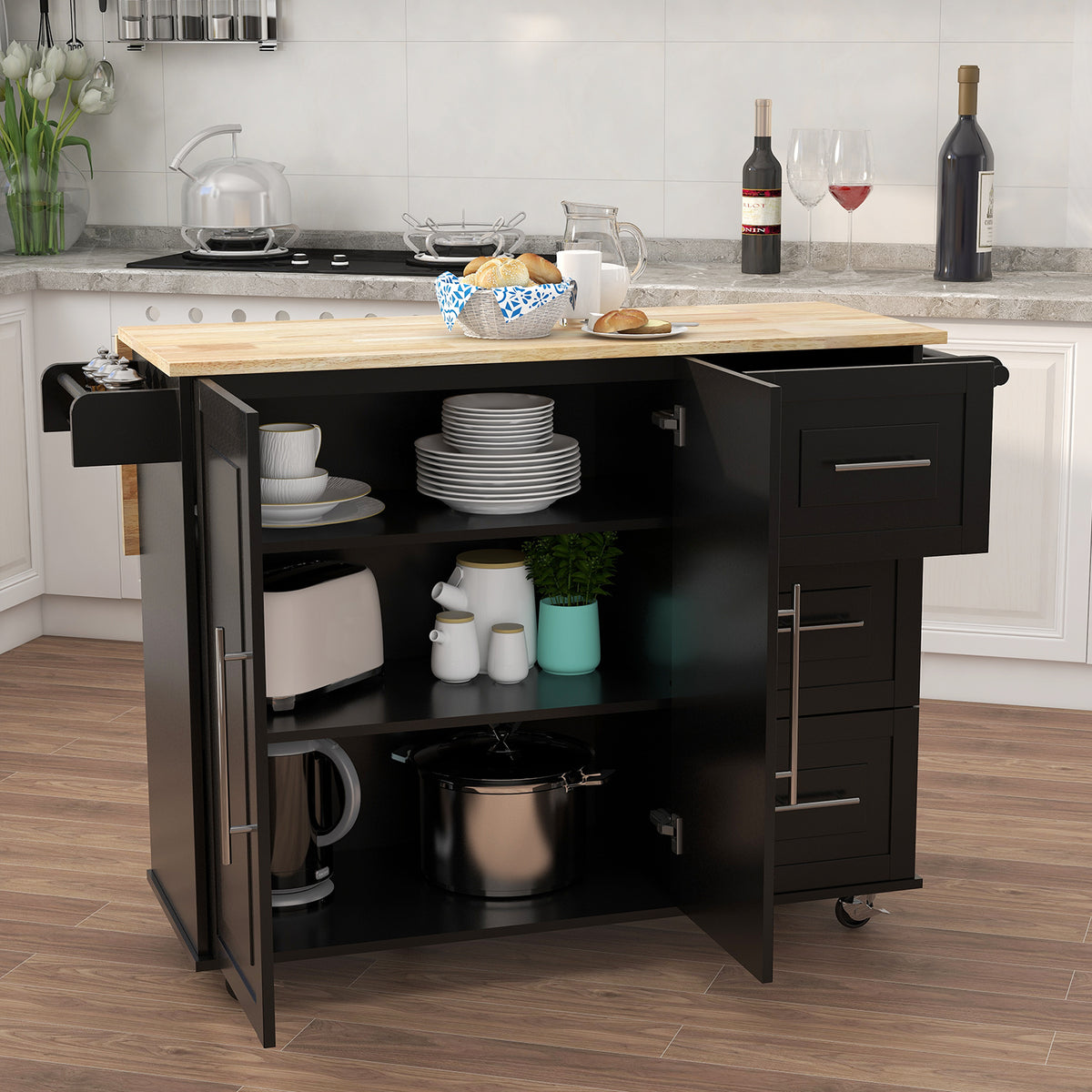 Kitchen Island with Spice Rack, Towel Rack and Extensible Solid Wood Table Top-Black W282S00030-djyc