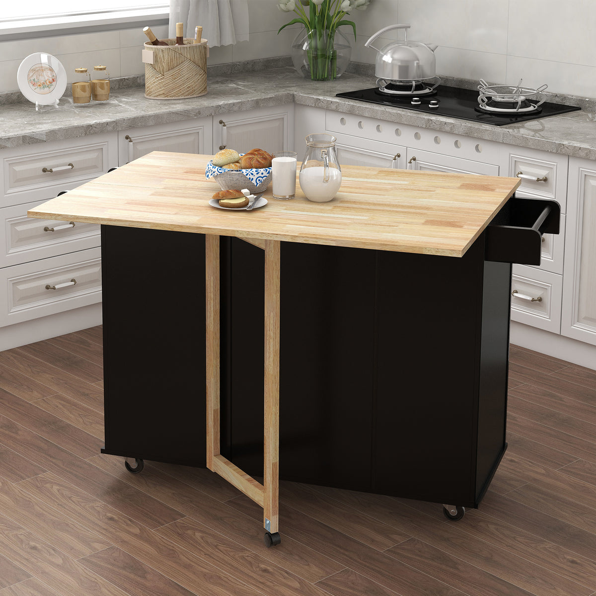 Kitchen Island with Spice Rack, Towel Rack and Extensible Solid Wood Table Top-Black W282S00030-djyc