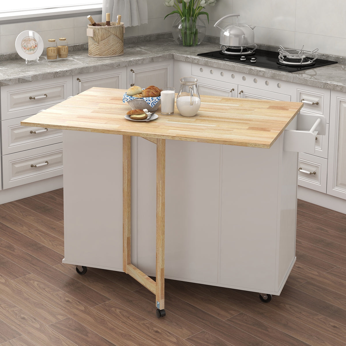 Kitchen Island with Spice Rack, Towel Rack and Extensible Solid Wood Table Top-White W282S00029-djyc