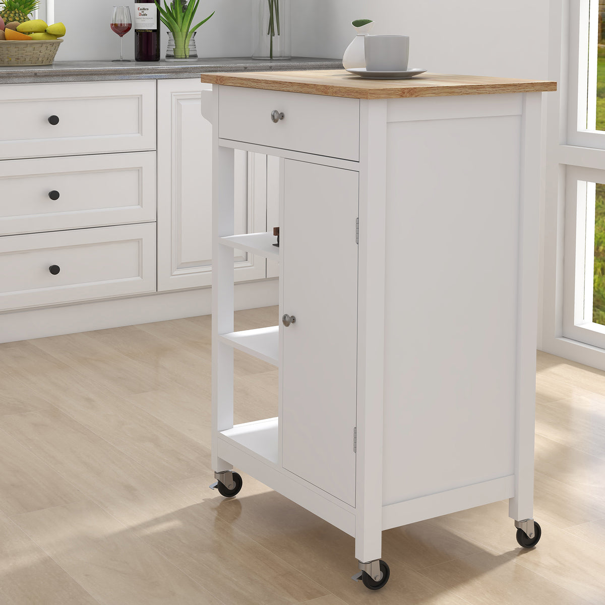 Kitchen island rolling trolley cart with Adjustable Shelves and towel rack rubber wood table top W28235382-djyc