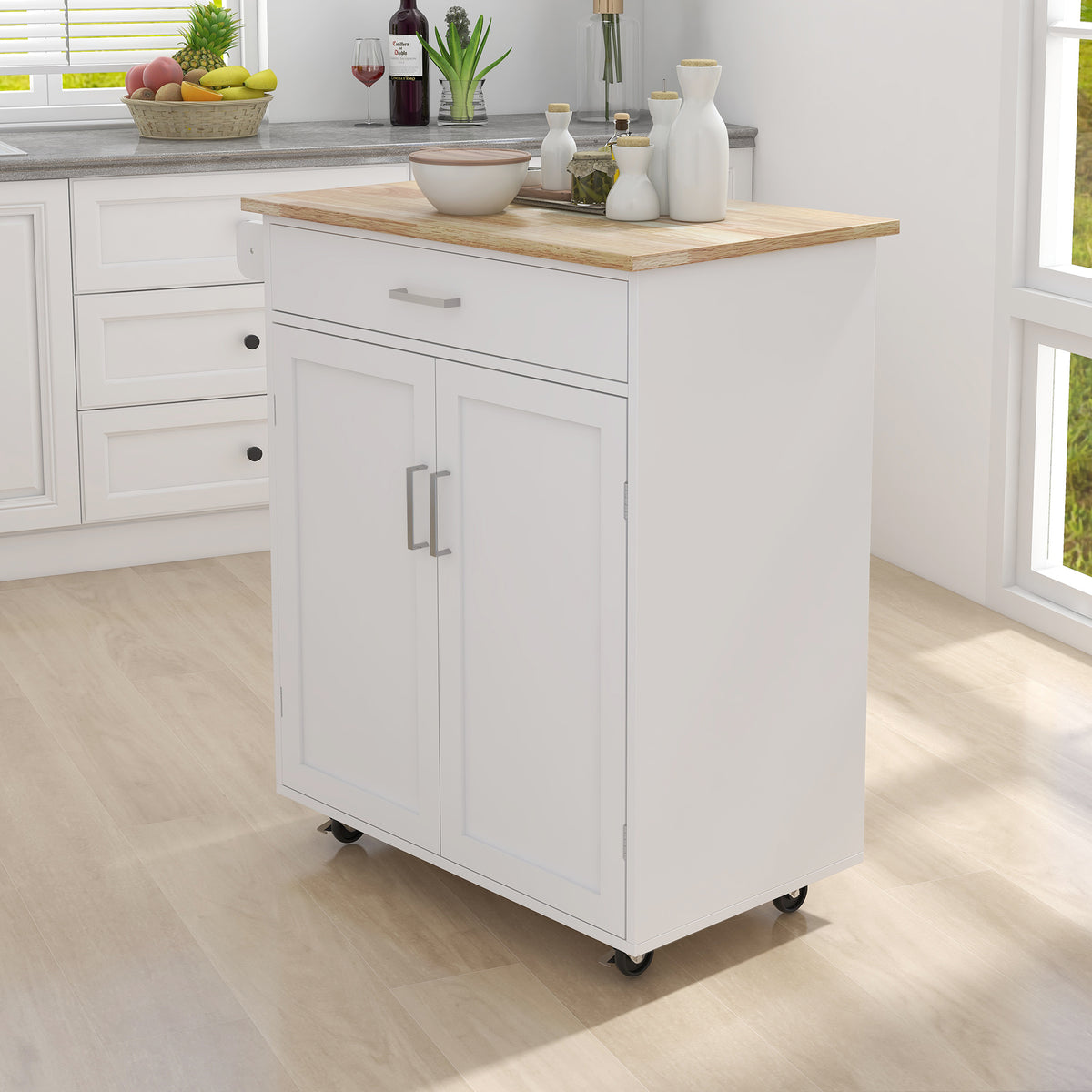 Kitchen island rolling trolley cart with Adjustable Shelves and towel rack rubber wood table top W28235386-djyc