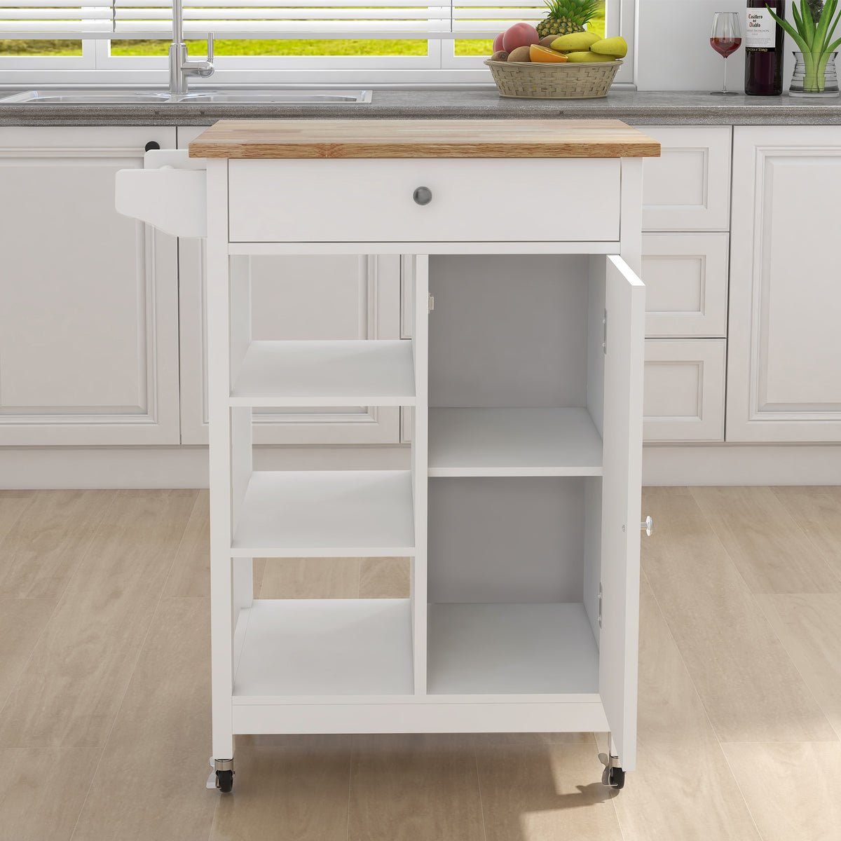 Kitchen island rolling trolley cart with Adjustable Shelves and towel rack rubber wood table top W28235382-djyc