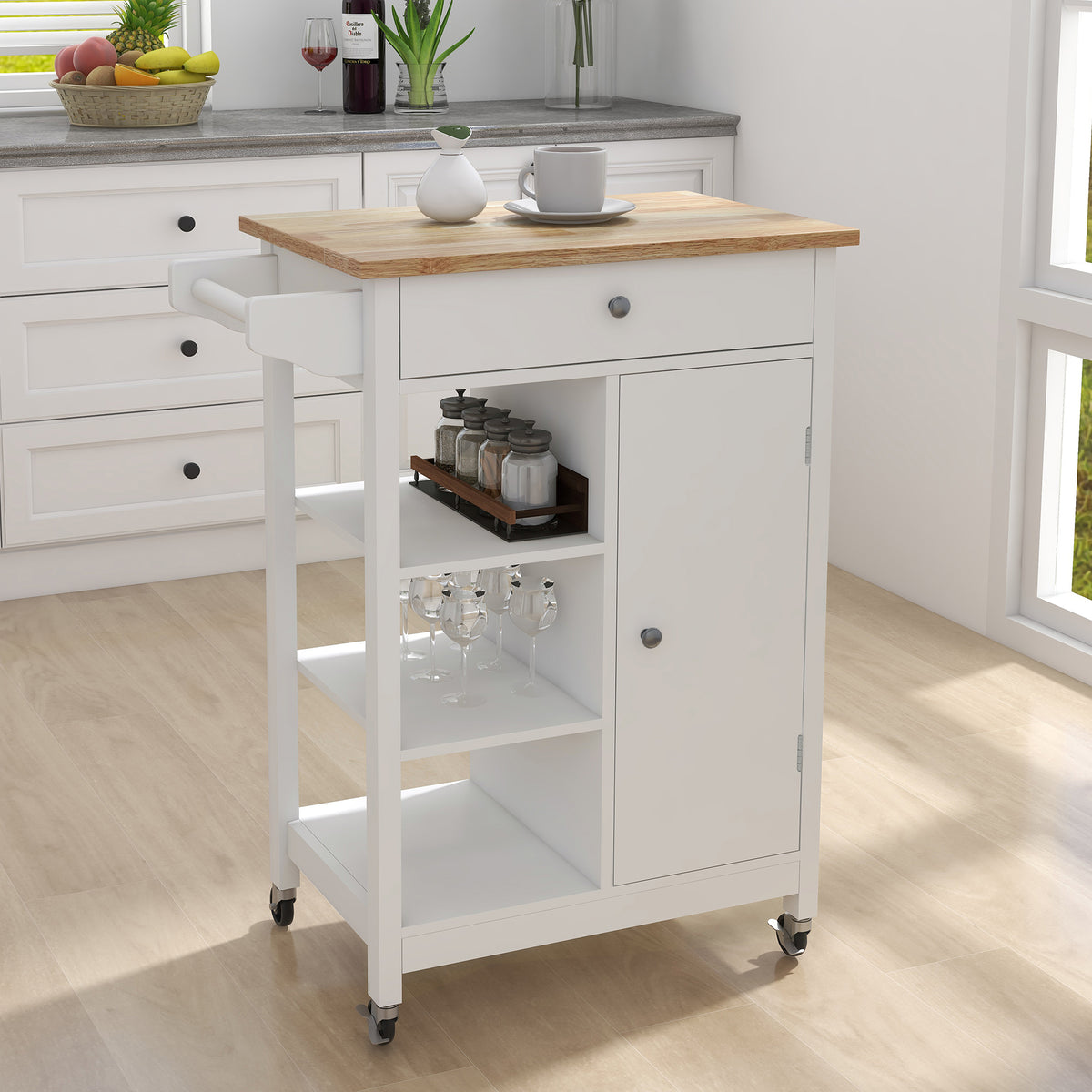 Kitchen island rolling trolley cart with Adjustable Shelves and towel rack rubber wood table top W28235382-djyc