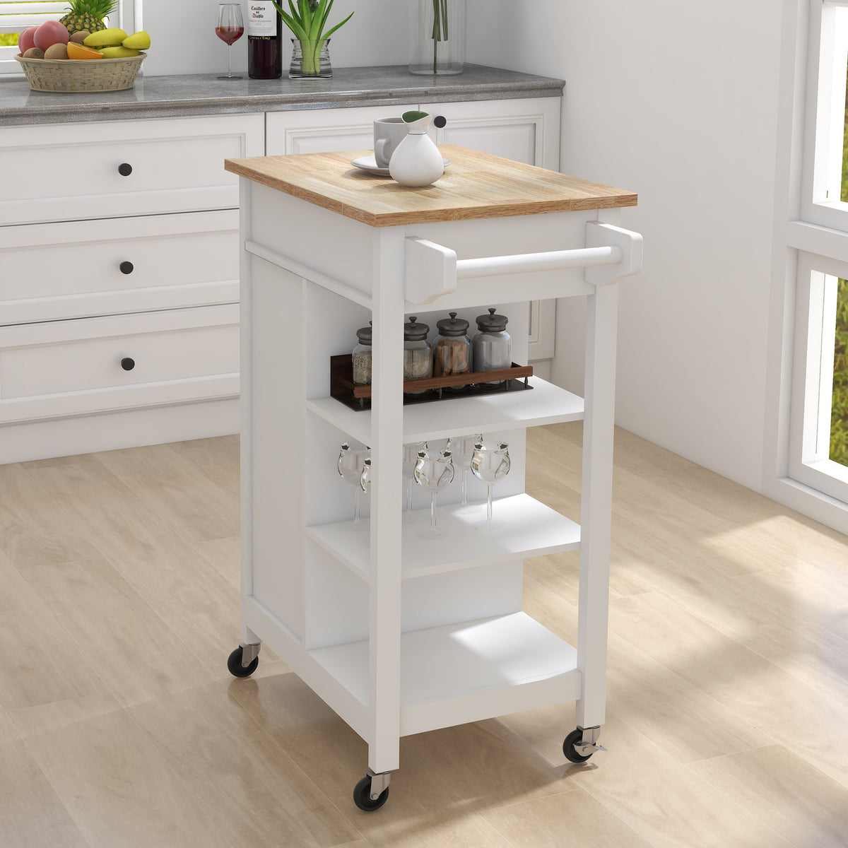 Kitchen island rolling trolley cart with Adjustable Shelves and towel rack rubber wood table top W28235382-djyc