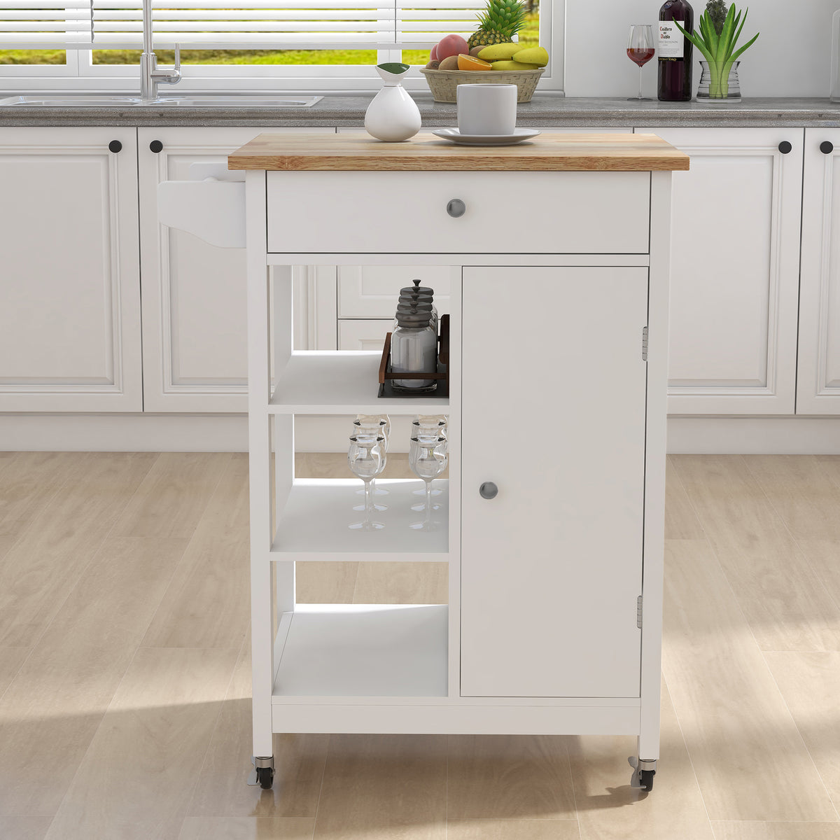 Kitchen island rolling trolley cart with Adjustable Shelves and towel rack rubber wood table top W28235382-djyc