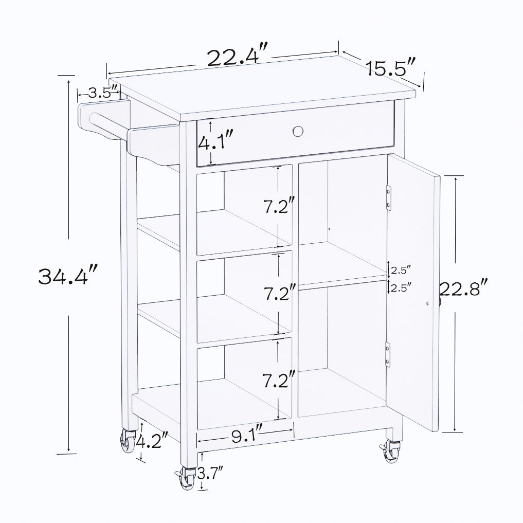 Kitchen island rolling trolley cart with Adjustable Shelves and towel rack rubber wood table top W28235382-djyc