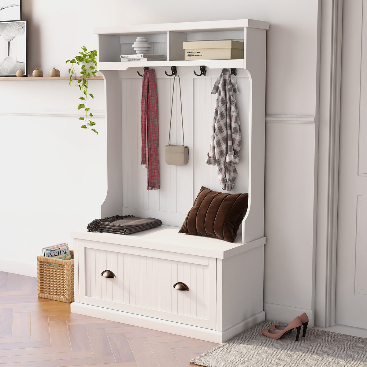 Entryway hall tree with coat rack 4 hooks and storage bench shoe cabinet white W282S00054-djyc