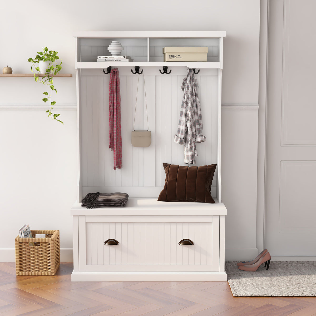 Entryway hall tree with coat rack 4 hooks and storage bench shoe cabinet white W282S00054-djyc