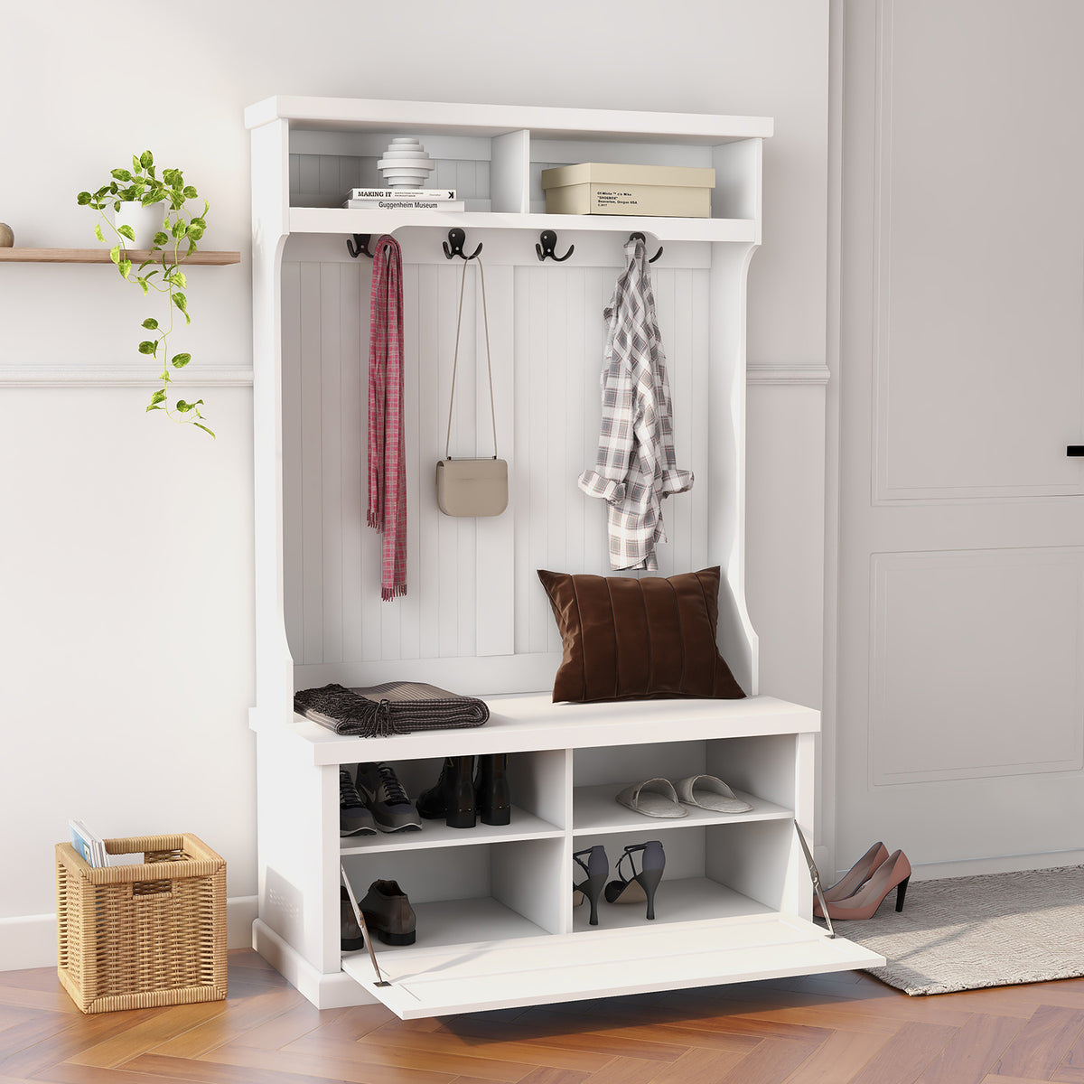 Entryway hall tree with coat rack 4 hooks and storage bench shoe cabinet white W282S00054-djyc