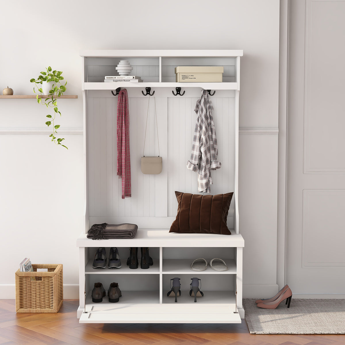 Entryway hall tree with coat rack 4 hooks and storage bench shoe cabinet white W282S00054-djyc