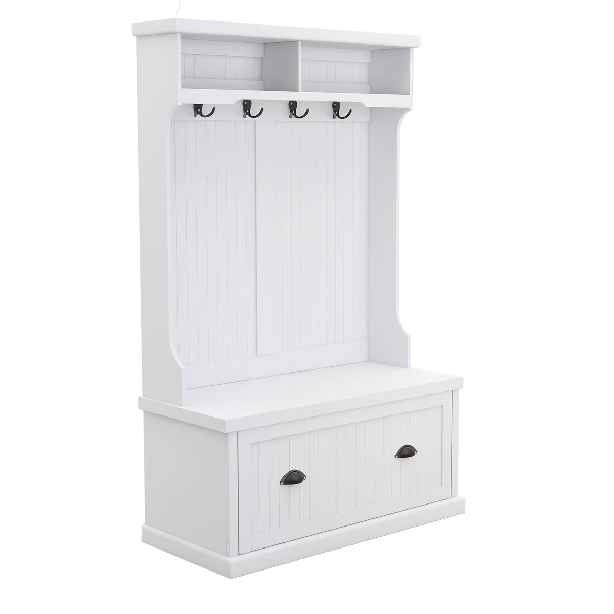 Entryway hall tree with coat rack 4 hooks and storage bench shoe cabinet white W282S00054-djyc