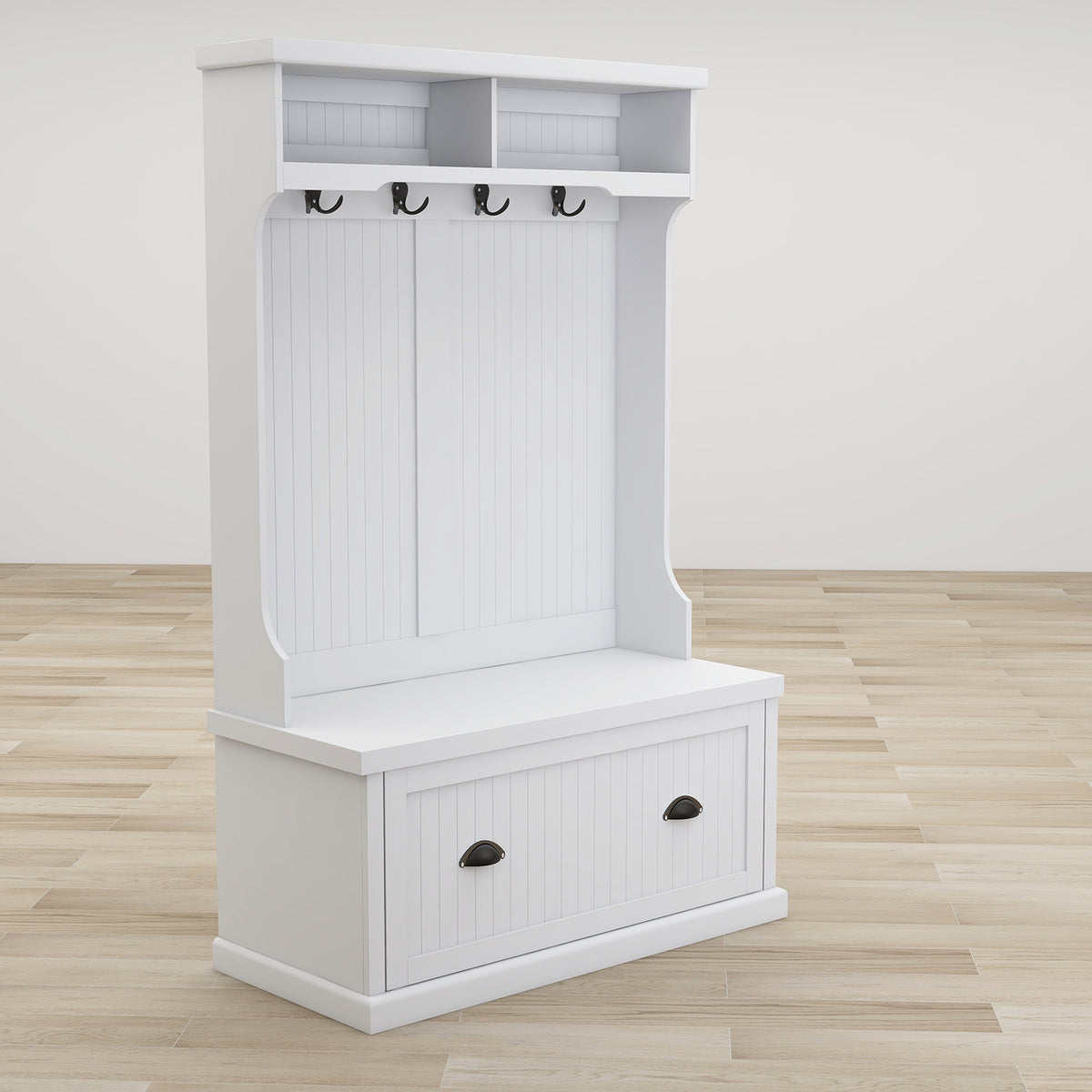 Entryway hall tree with coat rack 4 hooks and storage bench shoe cabinet white W282S00054-djyc