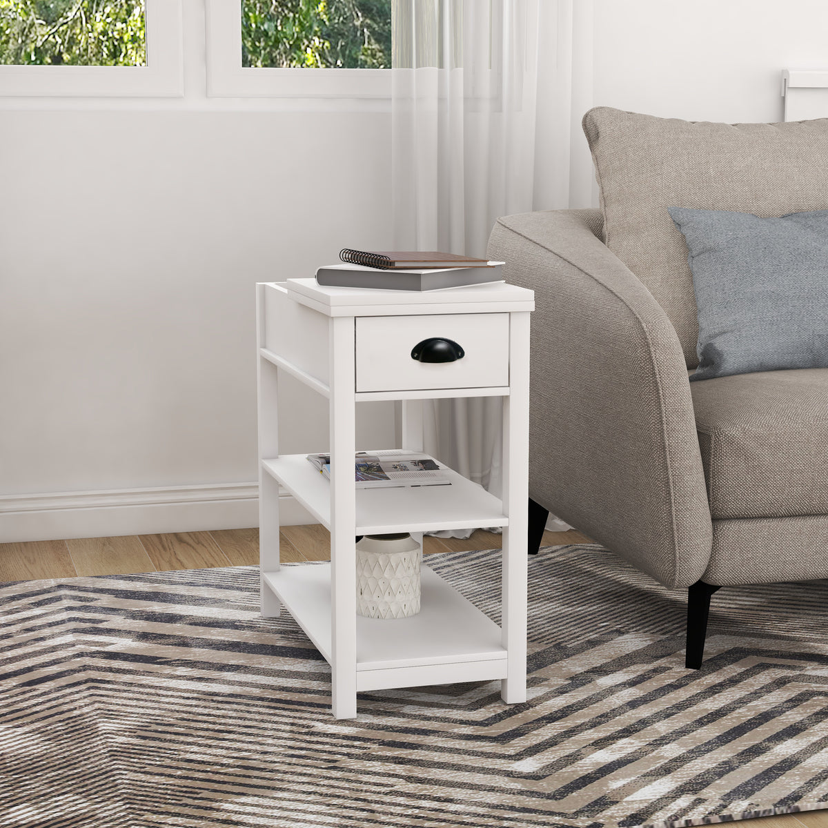 Narrow Sided Table with Drawers and Bottom Partition in Flip Over Design -White W28243315-djyc