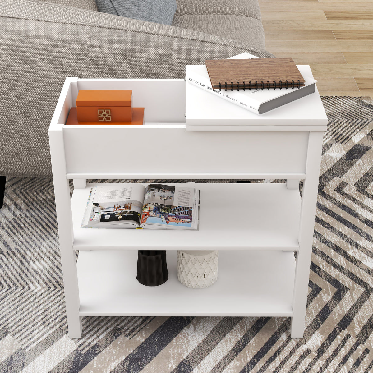 Narrow Sided Table with Drawers and Bottom Partition in Flip Over Design -White W28243315-djyc